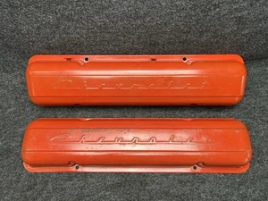 Chevrolet Script Small Block Valve Covers SBC Staggered Holes Orange - Picture 1 of 13