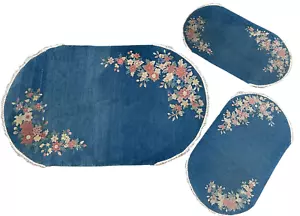 Set of Three Blue oval 1920's Chinese Deco Rugs attributed to Nichols Factory - Picture 1 of 15
