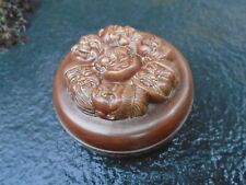 Japanese boxwood small box/pot with face carvings lovely item