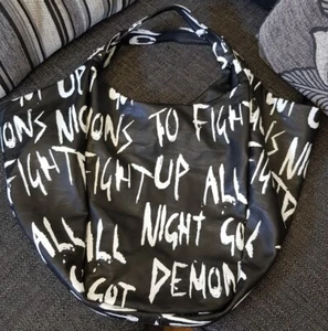 Gothic Religion London Shoulder Bag Large Black White Script Embossed Logo New - Picture 1 of 10
