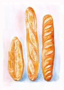 Acquerello pane baguette dipinto a mano opera originale - Foto 1 di 6