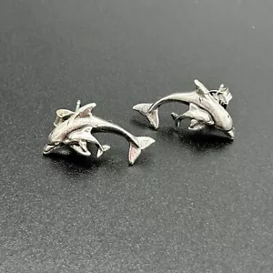 Dolphin Mom and Baby 925 Sterling Silver Stud Earrings - Picture 1 of 10