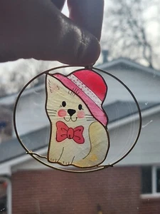 Vintage Orange Cat Kitty Red Hat Metalic Christmas Ornament 80s 90s Suncatcher - Picture 1 of 3
