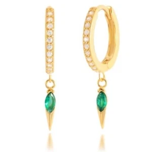 Gold Huggies with Green CZ Spike Dangle Hypoallergenic Dainty Earrings PRETTY - Picture 1 of 16