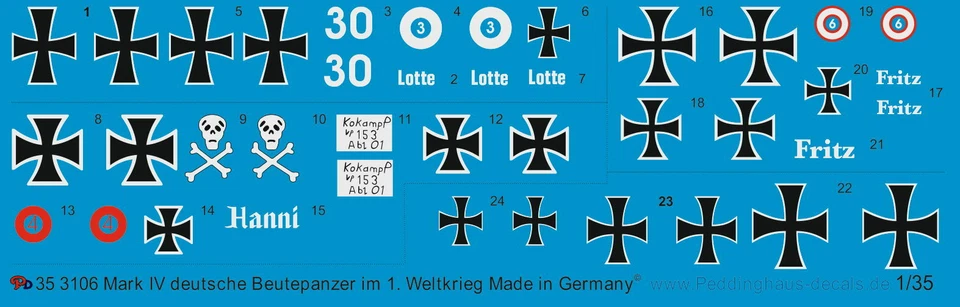 Peddinghaus-Decals 1/35 3106 Mark IV il Tedescoper Il IN 1. Guerra Mondiale - Immagine 1 di 1