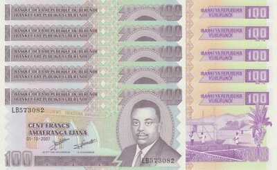 LOT, Burundi 100 Francs (01.10.2007) p-37f x 5 PCS UNC - Image 1 of 3