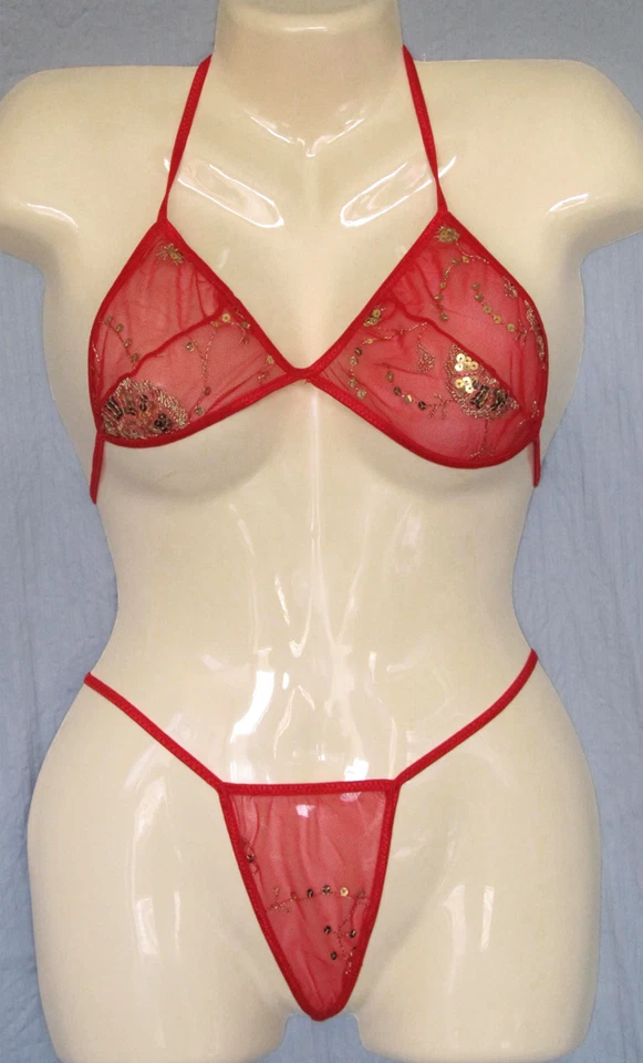 W20 Sexy Conjunto de Sujetador y Tanga de Malla en C para Mujer Lentejuelas/Bordados Foto 1 de 1