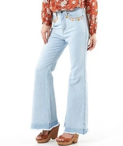 Spell & The Gypsy Azalea Jeans Womens Sz Small Light Blue Bell Flare Floral Boho - Picture 1 of 15