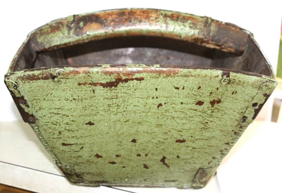 Large Antique Chinese Wooden Wood Rice Basket Bucket Painted Green Asian - Image 1 of 4