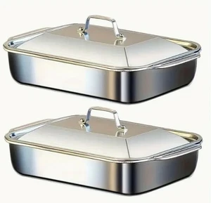 Stainless-Steel Fish Baking Set -Two Heavy-Duty Deep Pans and Two Lids - Picture 1 of 11