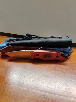 FIXED-BLADE HUNTING KNIFE | 3" Blade Wood Handle Wolf Hunter Skinner + Sheath - Image 1 of 4