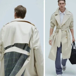 ZARA mens/unisex check contrast oversized belted trench coat sz L - Picture 1 of 11