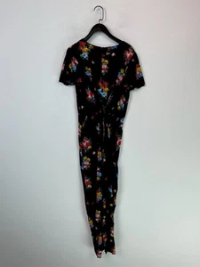 Oasis Black Floral Print Wrap Style Playsuit Short Sleeve V Neck Tie Waist UK 12 - Picture 1 of 11