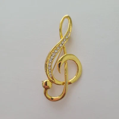 Broche Pin Clave Agudos Música Vintage Tono Dorado Cristales Transparentes Estrás Foto 1 de 4