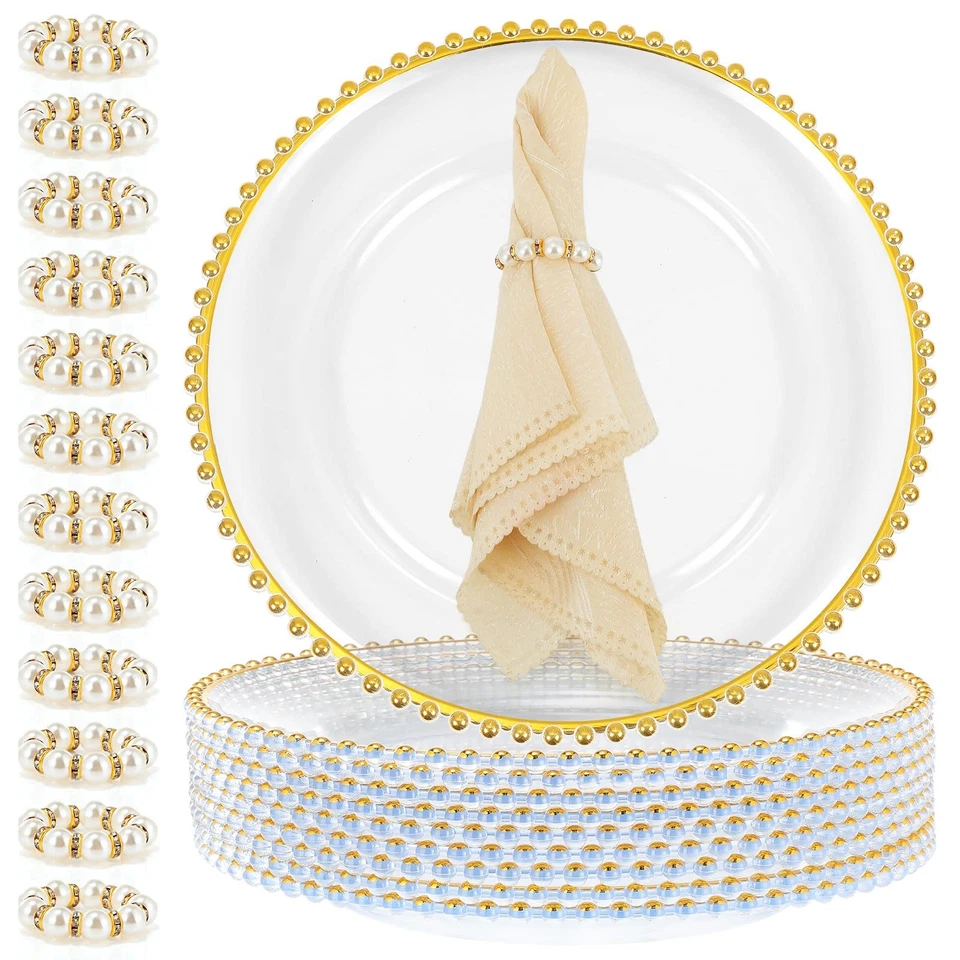 12 Set Clear Charger Plates with Napkin Rings 13 Inch Plastic Round Charger P... - Image 1 of 4