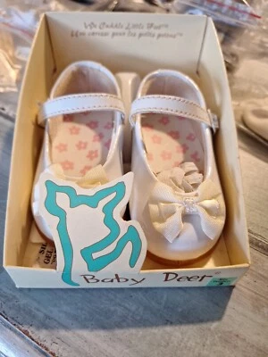 Винтажный Baby олень белый ремень ботинок прогулки туфли девочка размер 3 новый старый запас бант - Изображение 1 из 4