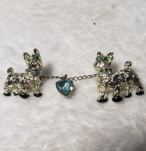 Scottie Westie Dog Brooch Pins Rhinestones Collar Pin Vintage 2 Small connected - Picture 1 of 6