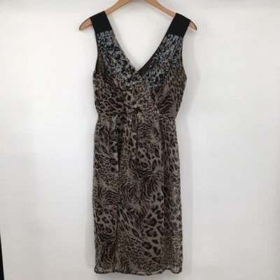 Платье женское Robert Rodriguez 2 желтовато-коричневое коричневое шелковое леопардовое без рукавов украшенное - Изображение 1 из 4