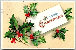 Antigua postal de Feliz Navidad - Dorado en relieve - Acebo - DB - Publicado en 1909 - Imagen 1 de 2