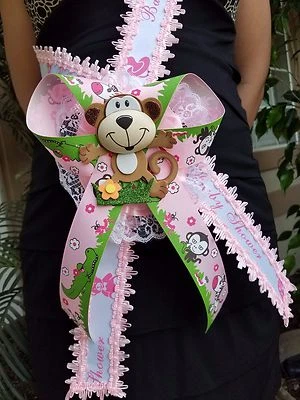 Baby Shower decoration for Girl, Mom To Be Sash Monkey Ribbon Corsage Noah's - Image 1 of 4