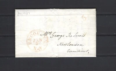 USA-1851-STAMPLESS-WITH "5" RED-BROOKLYN STRIKE-TO NEW LONDON-F-VF-#350 - Image 1 of 3