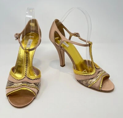 SANDÁLIAS PRADA com tiras blush rosa cetim ouro couro pele de cobra saltos 39 9 - Imagem 1 de 4