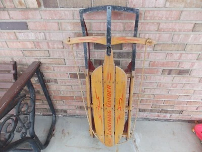 Rare Vintage Wood / Metal Lightning Guider 46” Snow Sled -  No. 122 1/2 - Good - Image 1 of 4