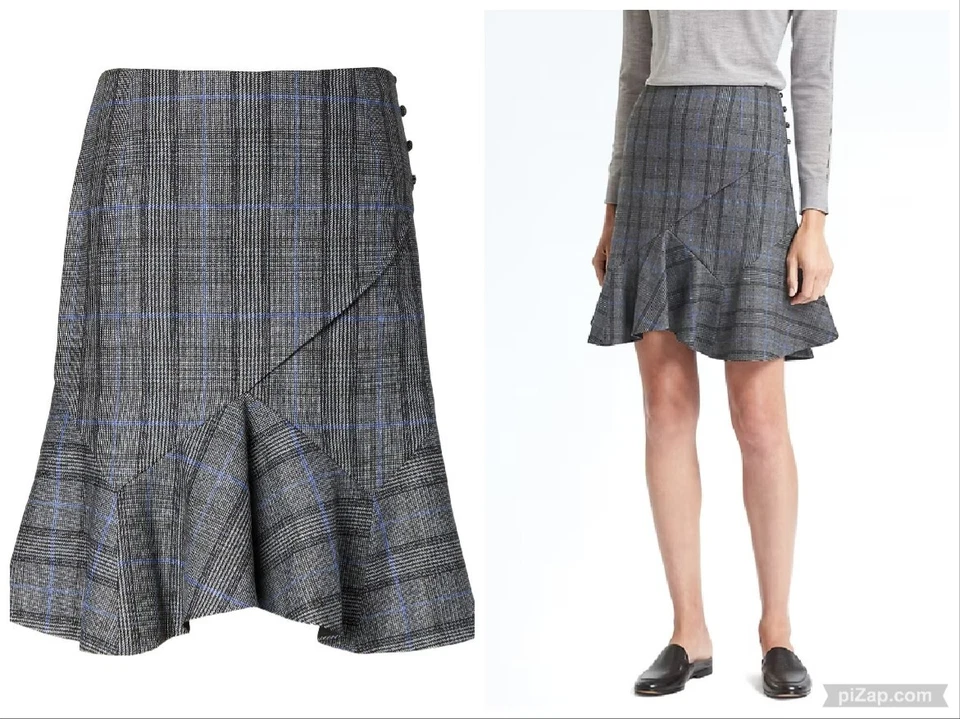 BANANA REPUBLIC GRAY GLEN PLAID PANEL FLOUNCE  FIT & FLARE WOOL MINI SKIRT 8 - Image 1 of 4