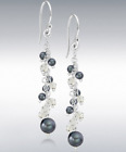 Sterling Silver Grey Pearl & Crystal Cluster Long Drop Earrings