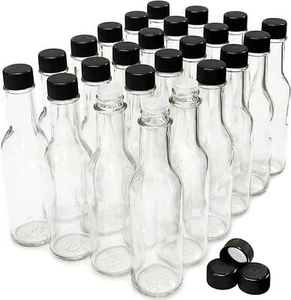 24 Pack Empty Hot Sauce Bottles 5 Oz Clear Glass Woozy Bottles with Black Caps - Picture 1 of 4