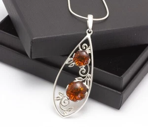 NATURAL BALTIC AMBER Jewellery Flowers STERLING SILVER 925 PENDANT NECKLACE - Picture 1 of 7
