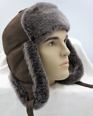 TOBACCO /GRAY 100% Sheepskin Shearling Leather Hat Trapper Ushanka Hunting M-3XL - Image 1 of 4