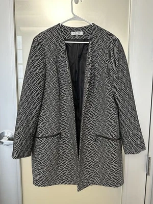 Kasper Knit Chevron Cardigan Open Front Long Jacket Black White Lined EUC XL - Image 1 of 4