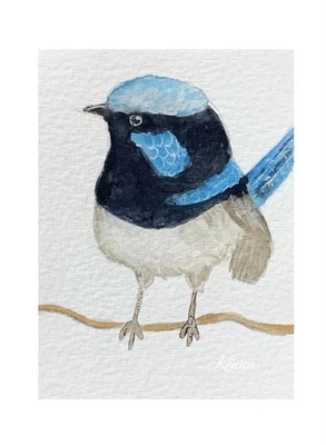 Aceo By Kenna Whimsy Blue Fairy Wren Bird Painting  2.5” X 3.5” Signed - Image 1 of 4