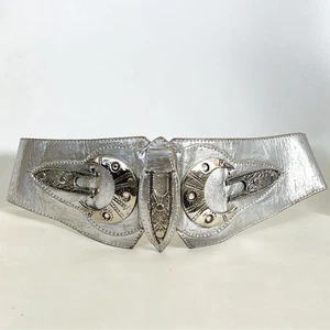 80s Vintage Statement Belt silver leather sz small - Picture 1 of 6