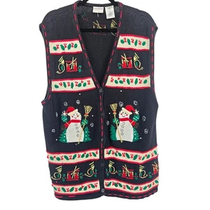 Vintage Christmas Stitched Beaded Knit Novelty Button Sweater Vest Size XL - Picture 1 of 9