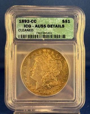 1892-CC Morgan Silver Dollar – ICG AU55 Details – Key Date Carson City Issue - Image 1 of 4