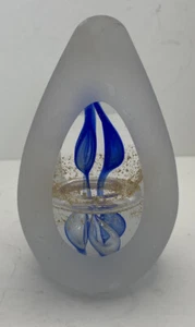 4" eiförmiger mattierter Rand klare Aussicht blau & gold Briefbeschwerer Murano-Stil - Bild 1 von 8