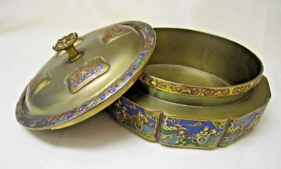 Vintage Brass Lidded Tea Caddy -Champleve Enamel - China - Imagem 1 de 4