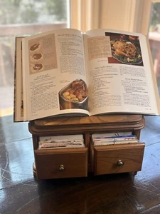 COOK BOOK HOLDER with RECIPE DRAWERS Display Rack Counter Storage Oak Wood Vtg - Picture 1 of 17