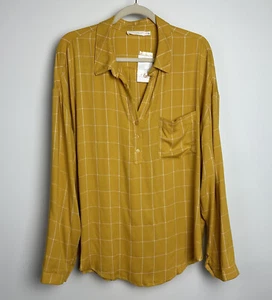 Lush Women Shirt 1/2 Button Up Mustard Window Pane Long Sleeve Plus Size XXL NWT - Picture 1 of 11