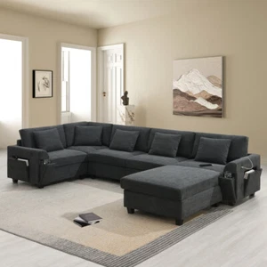 U Shaped Sectional Sofa, 6 Seat with Hidden Armrest Storage and Cup Holders - Picture 1 of 37
