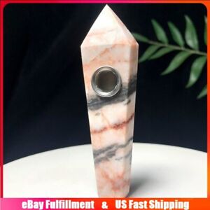 Natural Pink Zebra Quartz Crystal Stone Smoking Pipe Healing Obelisk Wand Bong