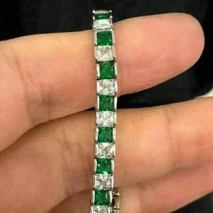 8Ct Lab-Created Emerald & Diamond Men's Tennis Bracelet 14K White Gold Plated - Picture 1 of 4