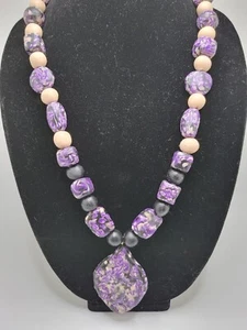 Purple,Beige And Black Handmade Polymer Clay Beaded Necklace Made In USA - Picture 1 of 8