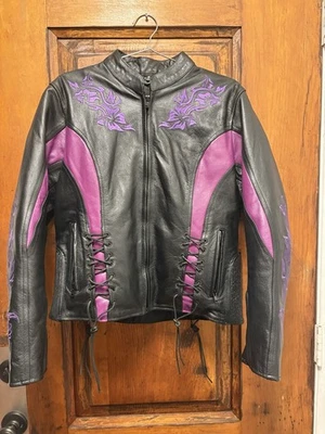 Xelement Ladies Medium Gemma Black Purple Leather Jacket Motorcycle Embroidered - Image 1 of 4