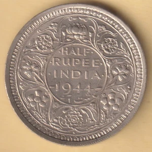 BRITISCH INDIEN 1944 KÖNIG GEORGE VI HALBE RUPIE SELTENE SILBERMÜNZE - Bild 1 von 2