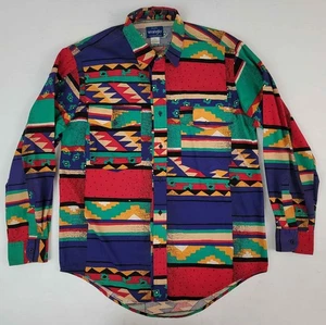 Vtg 90s Wrangler Checotah Southwest Aztec Rodeo Print Western Shirt Men's L - Picture 1 of 6