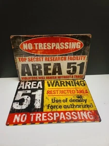 Warning AREA 51 NO TRESPASSING Sign Metal Rustic Aged Looking Set Of 2 Signs - Picture 1 of 8