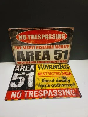 Warning AREA 51 NO TRESPASSING Sign Metal Rustic Aged Looking Set Of 2 Signs - Image 1 of 4